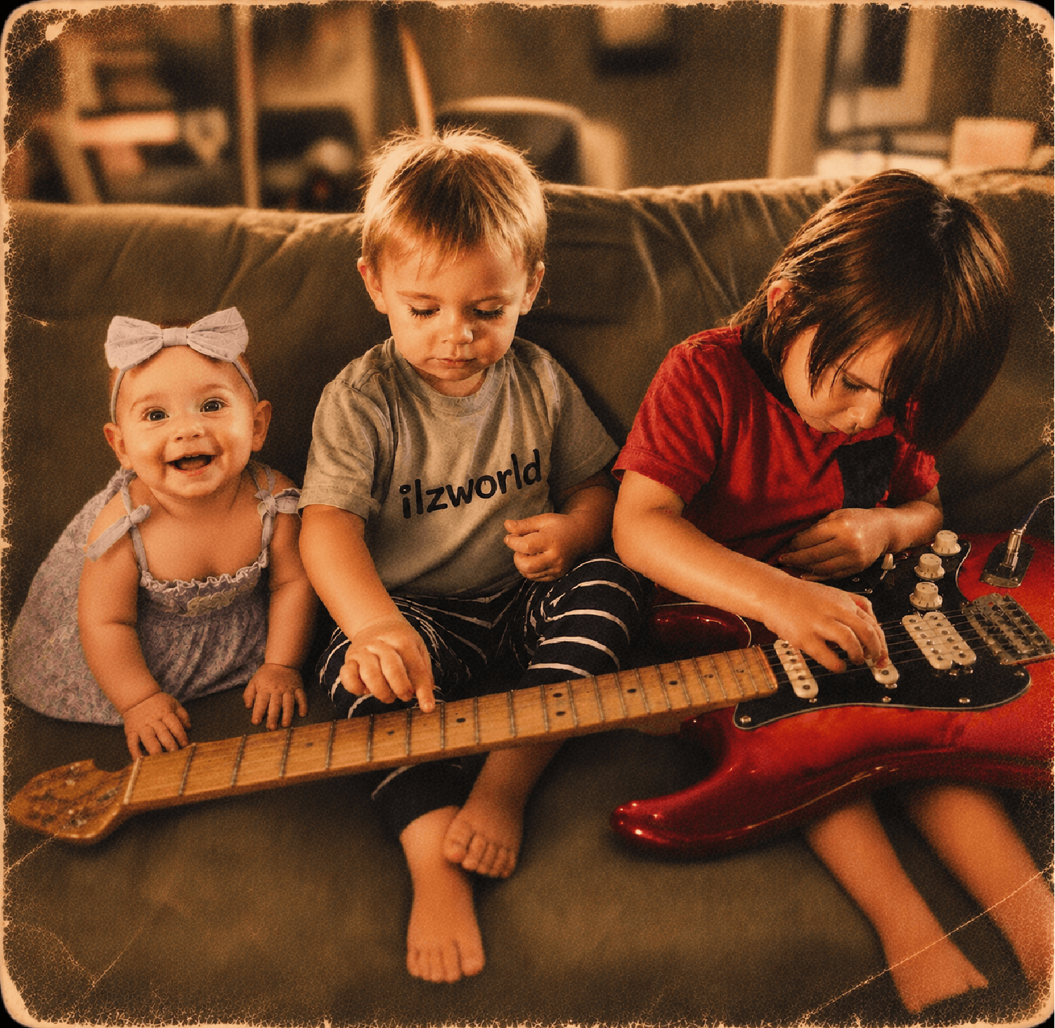 Three children gathered around a red electric guitar on the ilzworld album cover